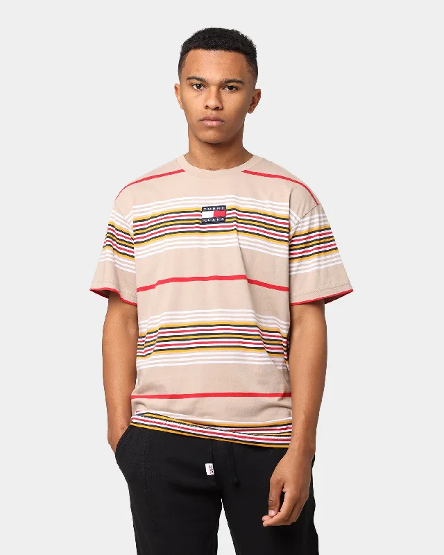 Tommy Jeans Centre Badge Stripe T-Shirt Soft Beige/Multi Print Jacquard Patchwork