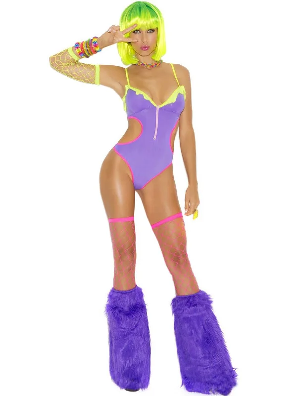 Neon Purple Womens Sexy Cut Out Rave Bodysuit Elegant Button-Up Bodysuit