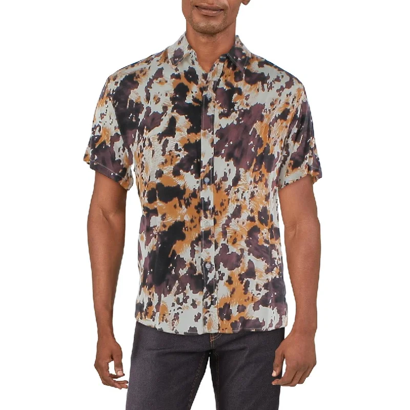 Denim Bay Mens Printed Short Sleeve Button-Down Shirt Print Jacquard Patchwork