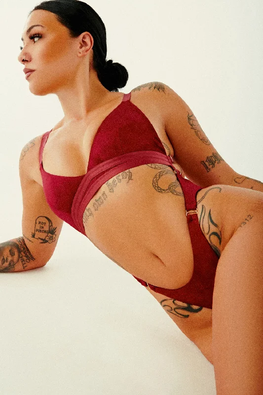 Aphrodite Bodysuit - Maroon Suede Elegant Back Zip Bodysuit