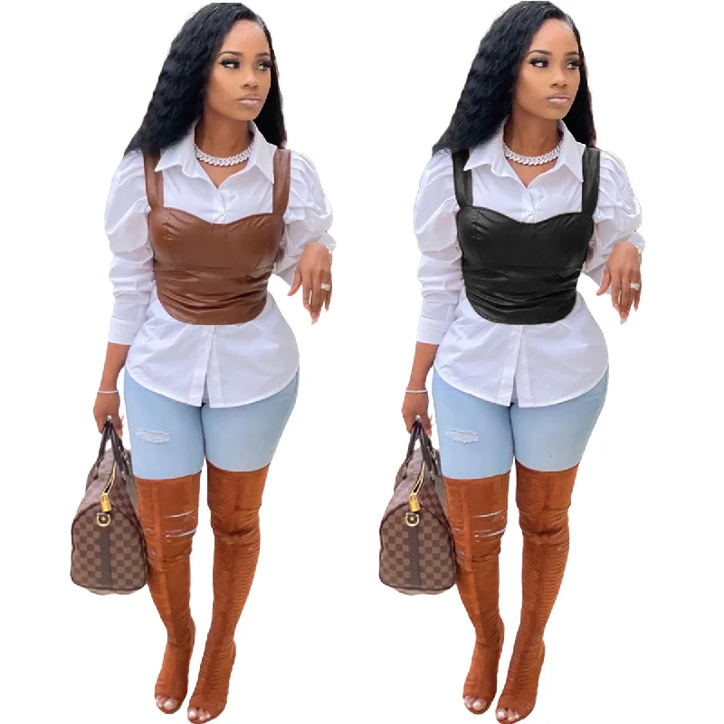 Trendy Women Clothes 2022 New Arrivals Casual Solid Brown PU Leather Vest Square Collar Tops Without Shirt Fleece Fabric Down Fabric Feather Fabric Trendy Women Clothes 2022 New Arrivals Casual Solid Brown PU Leather Vest Square Collar Tops Without Shirt Fleece Fabric Down Fabric Feather Fabric