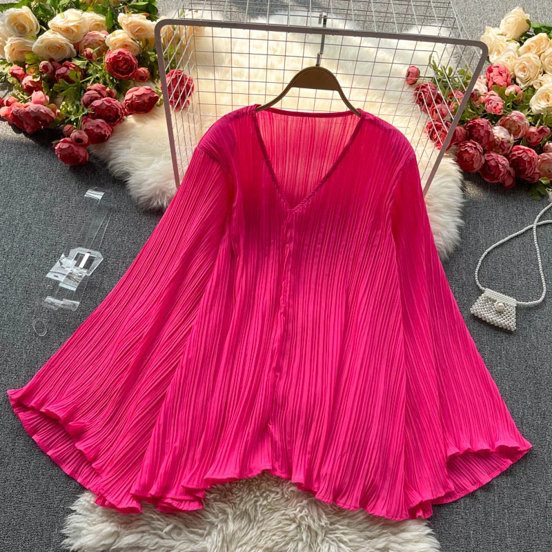 Summer Fashion Casual Street Shirts Women's Korean Chiffon Shirts Flared Sleeves V-Neck Pleated Solid Color Office Tops Faux Fur Fabric Real Fur Fabric Shearling Fabric Summer Fashion Casual Street Shirts Women's Korean Chiffon Shirts Flared Sleeves V-Neck Pleated Solid Color Office Tops Faux Fur Fabric Real Fur Fabric Shearling Fabric