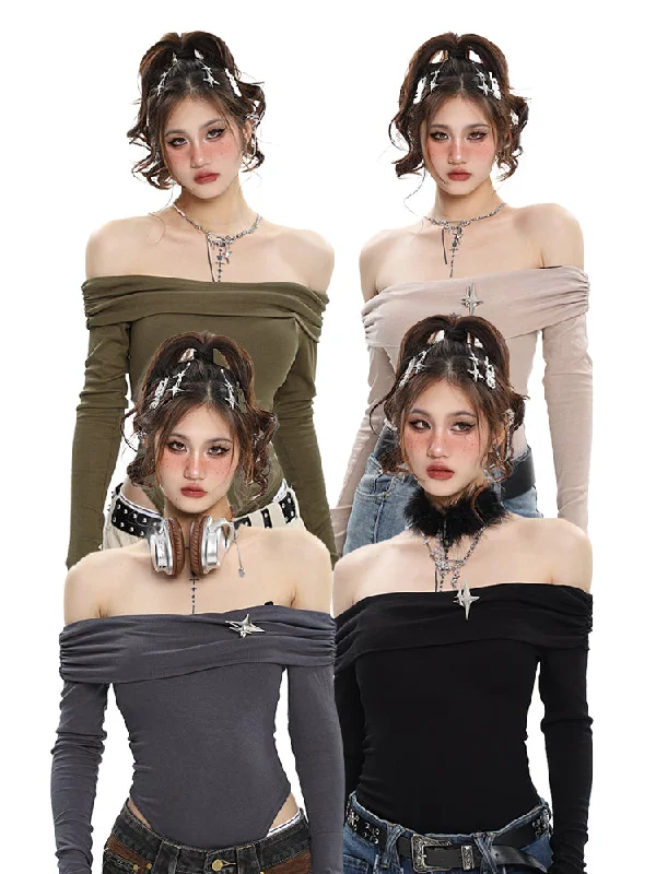 Ashanti Solid Color Off The Shoulder Long Sleeve Slim Bodysuit Top Elegant Halter Neck Bodysuit