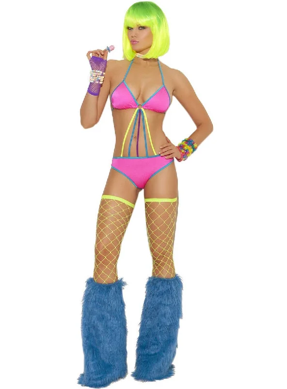 Strappy Neon Pink Womens Sexy Rave Bodysuit Trendy Transparent Bodysuit