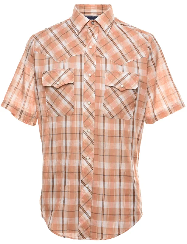 Light Brown & White Western Style Checked Shirt - M Cotton Fabric Linen Fabric Terry Fabric