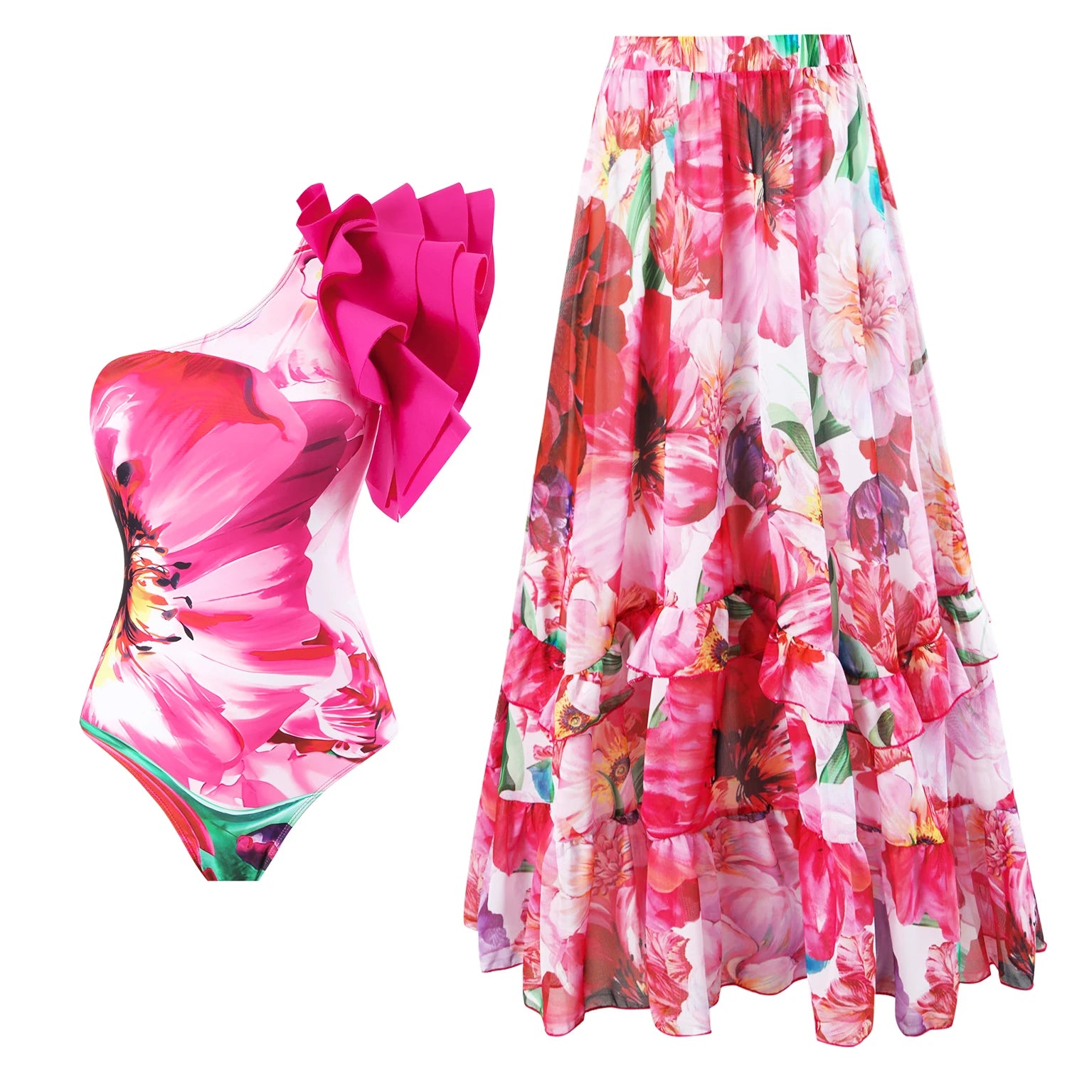 Wjczt 2024 New Ruffle One Piece Swimsuit For Women Swimwear with Skirt Bathing Suit Monokini Beach Bodysuit Beach Wear Comfortable Stretch-Fit Bodysuit
