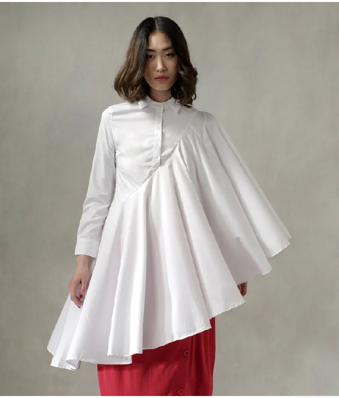 Long Irregular Shirt Loose Women's Curved Draped Hem Hooded Caped Shawl Collar
