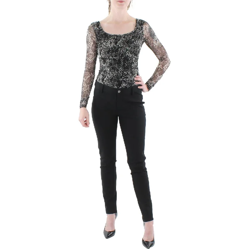 Womens Snake Print Mesh Bodysuit Trendy Bodysuit with Back Tie