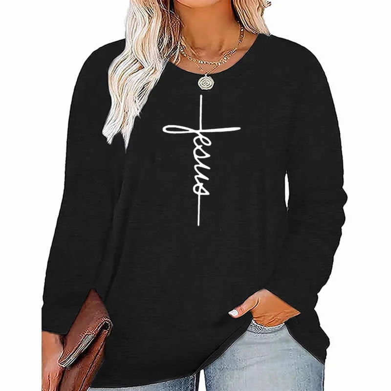 faith pattern Plus Size Women's Top Autumn X-Large-5X-Large woman clothes y2k t shirt oversized long sleeve tshirt Striped Floral Plaid