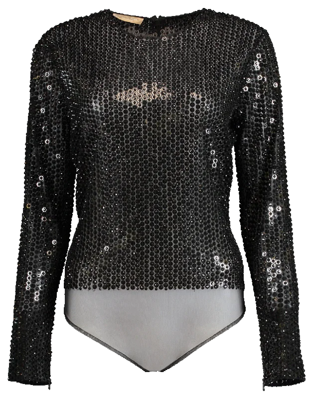 Embroidered Crewneck Bodysuit Trendy Transparent Bodysuit