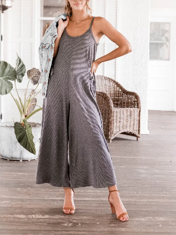 Loose Round Neck Sling Jumpsuit Stretch Bodysuit Comfortable Ribbed Bodysuit