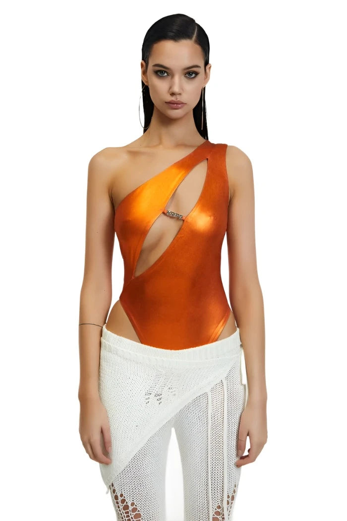 THE KRIPT - "Trysta" Bodysuit - Flame Orange - Metallic Shiny Stretch Comfortable Adjustable Strap Bodysuit