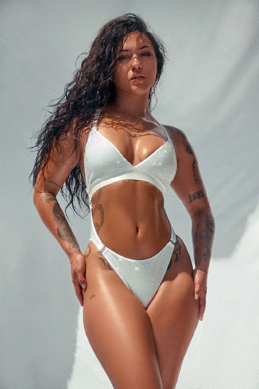 APHRODITE BODYSUIT - WHITE Iridescent RHINESTONE DRIP - LIMITED ED. Elegant Satin Bodysuit