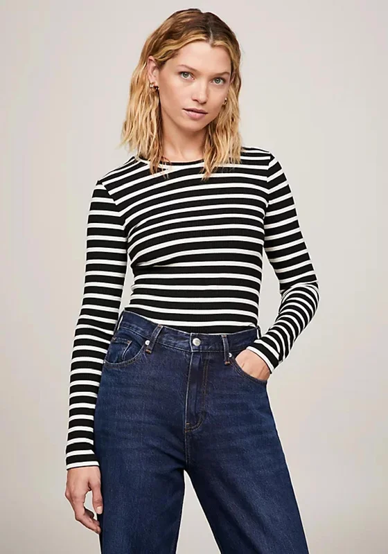 Tommy Hilfiger Womens Stripe Long Sleeve T-Shirt, Black & White Cashmere Blend Cotton Blend Poly Blend