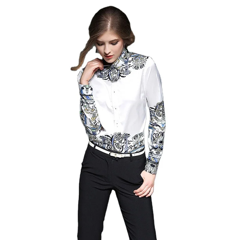 Spot YSQ8513045 new women's European and American temperament print shirt fashion wild lapel long-sleeved shirt Front Pockets Side Pockets Patch Pockets Spot YSQ8513045 new women's European and American temperament print shirt fashion wild lapel long-sleeved shirt Front Pockets Side Pockets Patch Pockets