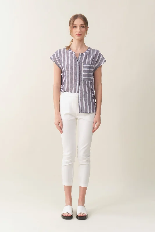 Cap-sleeve Relaxed Shirt - Chambray Stripe Satin Blend Silk Blend Wool Blend