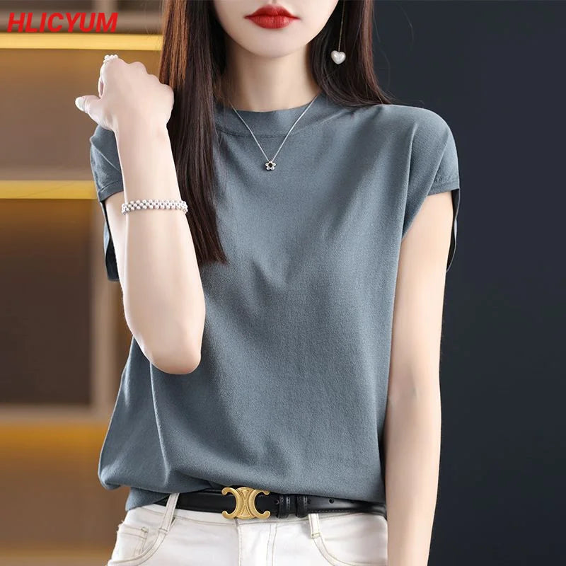 Women's T-shirt Summer New Solid Color Sweater Short Sleeve Casual Knit Round Neck Ladies Tops Blouse Overside Tees Notch Collar Peter Pan Collar Cowl Neck