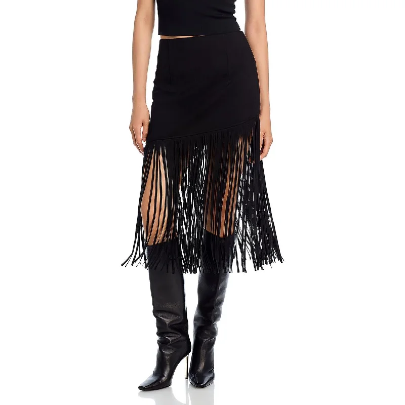 BAGATELLE.NYC Womens Below Knee Fringe Midi Skirt ribbed skirt waist