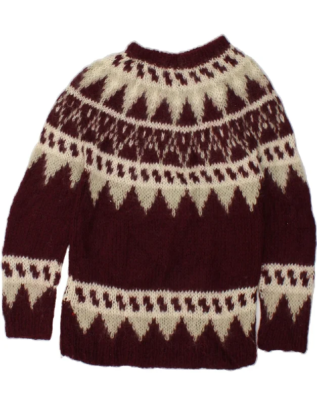 VINTAGE Womens Boat Neck Jumper Sweater UK 12 Medium Maroon Fair Isle Ribbed Striped Patterned