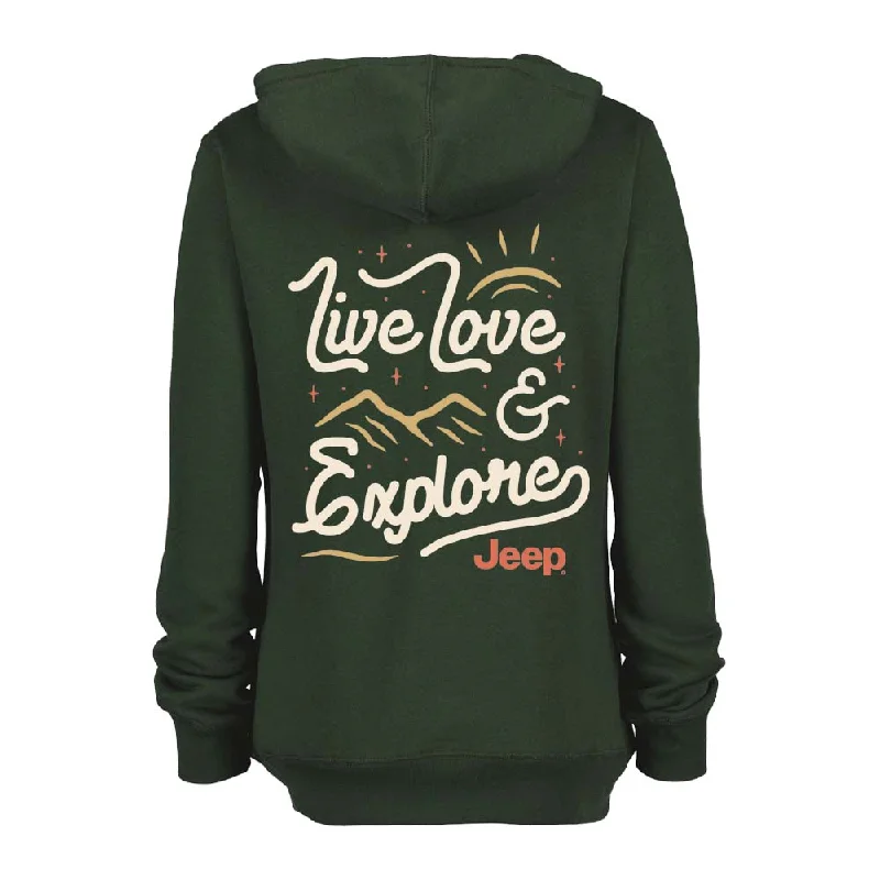 Ladies Jeep® Live Love Explore Zip-Hoodie - Olive Green Hoodie with Hem Frayed Vintage Worn