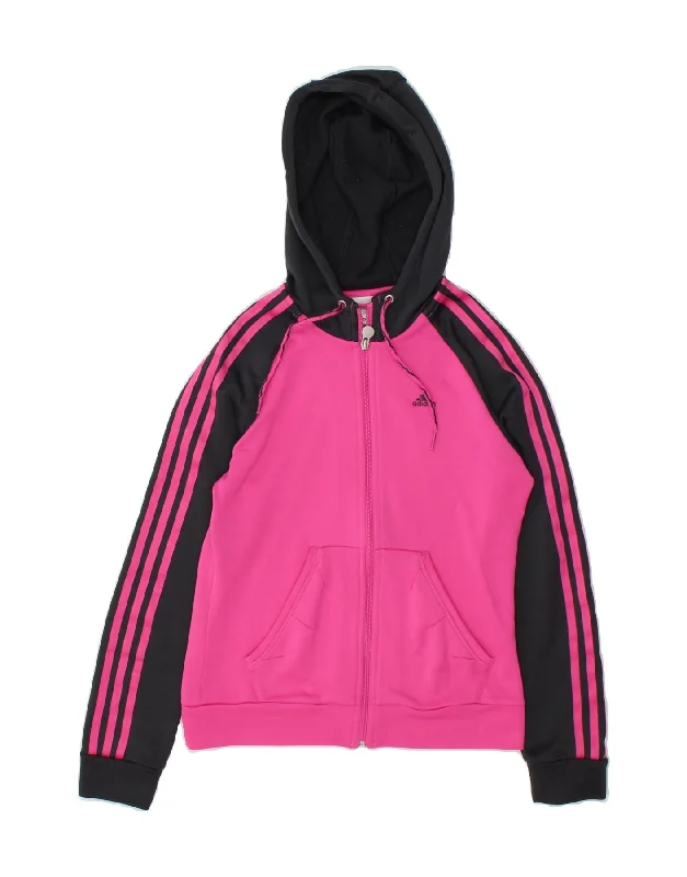 ADIDAS Womens Zip Hoodie Sweater UK 10 Small  Pink Colourblock Polyester Striped Floral Plaid