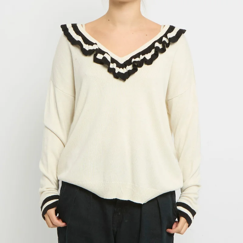 Ralph Lauren Ruffle V Neck Sweater -UK 14 Wool Sweater Cotton Sweater Cashmere Sweater