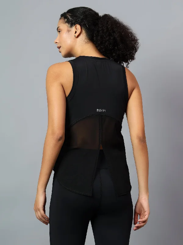 Fitkin Black Tank Top With Back Net Panel Design seamless tank top