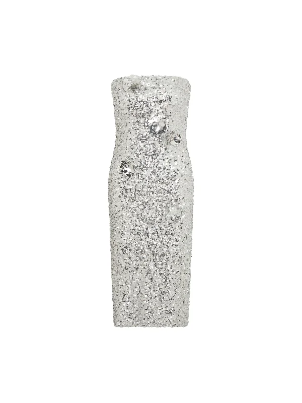 Floral Embellished Sequin Dress in Silver Tunics Luxurious high-end