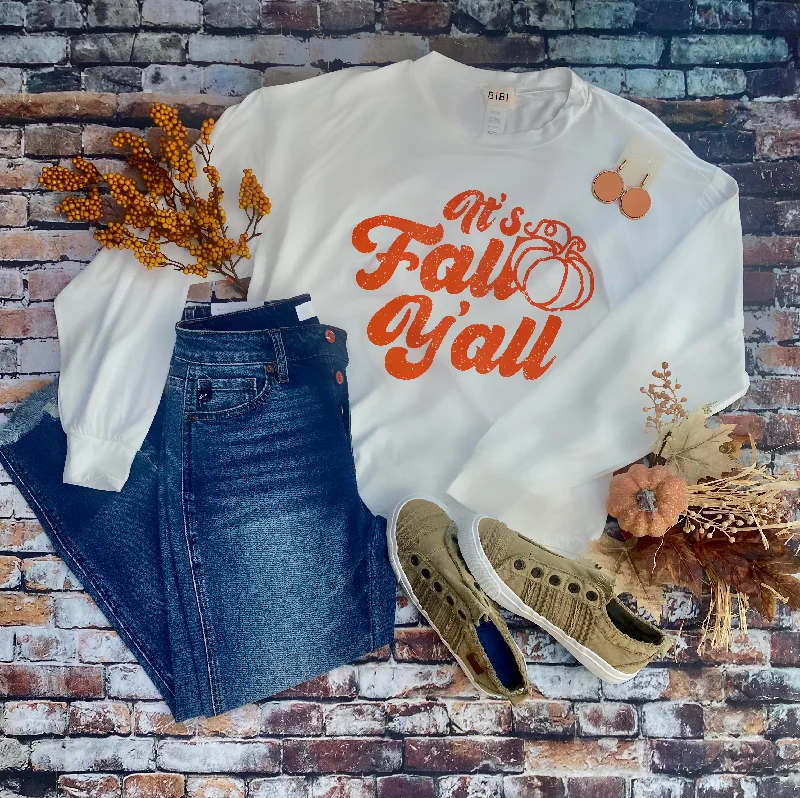 It's Fall Y'all Ivory Graphic Sweatshirt Hoodie with Drawcord Adjustable Secure