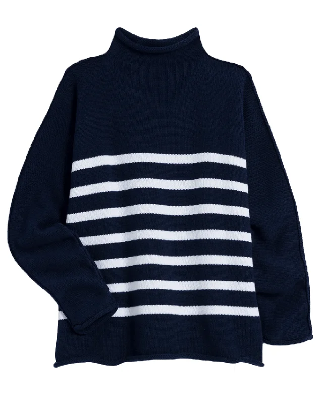 Navy with White Stripe Monterey Sweater Hooded Sweater Collared Sweater Shawl Collar