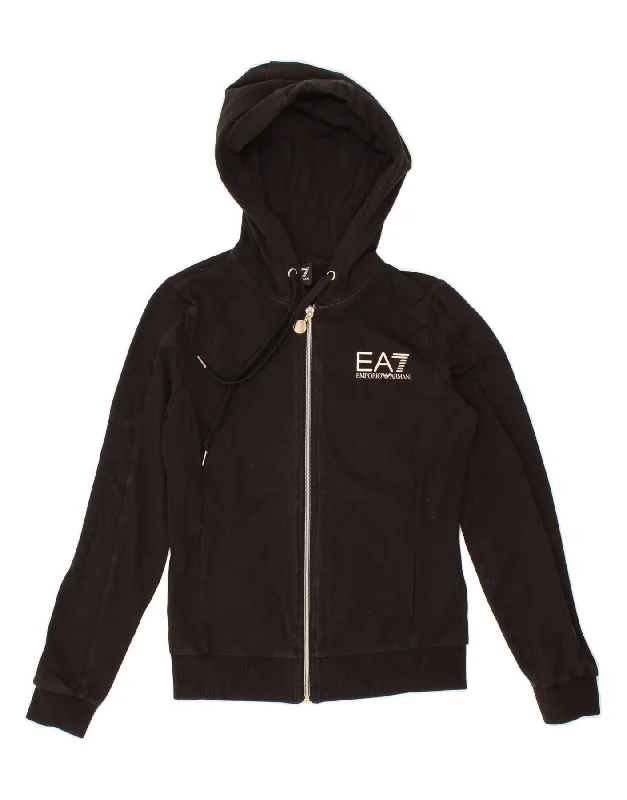 EMPORIO ARMANI Womens Zip Hoodie Sweater UK 6 XS Black Cotton Satin Blend Silk Blend Wool Blend EMPORIO ARMANI Womens Zip Hoodie Sweater UK 6 XS Black Cotton Satin Blend Silk Blend Wool Blend