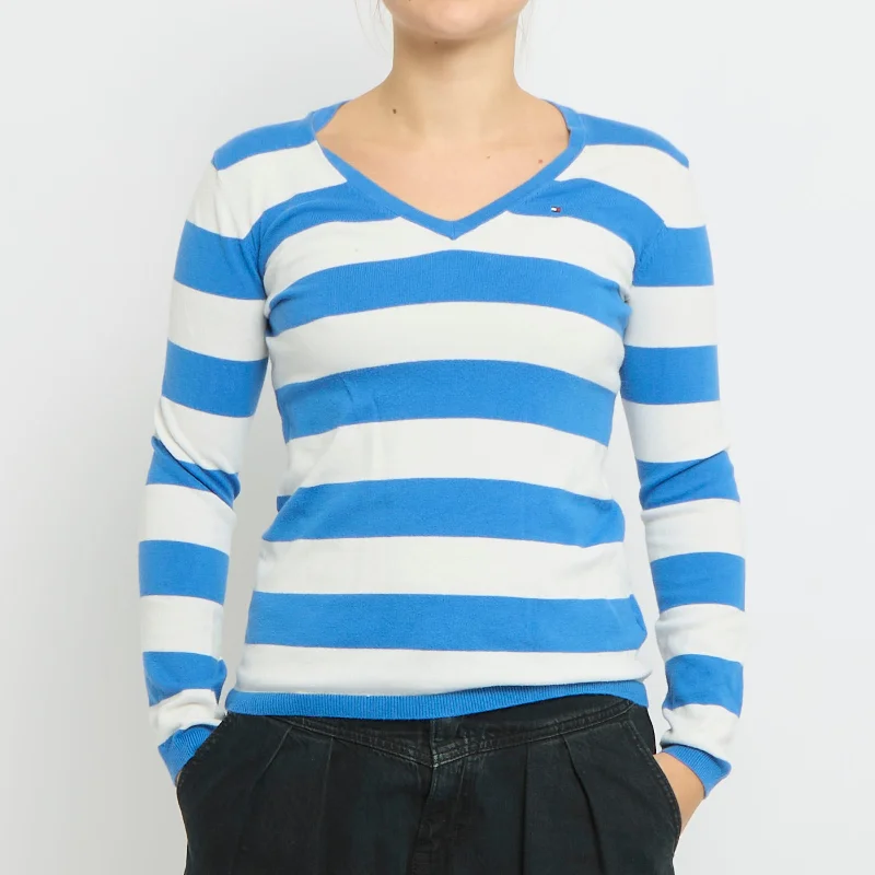Tommy Hilfiger V-Neck Stripe Sweater- UK 6 Welt Pockets Slit Pockets Flap Pockets