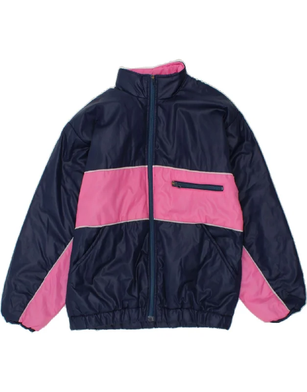 VINTAGE Womens Padded Jacket UK 14 Large Navy Blue Colourblock Print Jacket Jacquard Jacket Embroidered Jacket VINTAGE Womens Padded Jacket UK 14 Large Navy Blue Colourblock Print Jacket Jacquard Jacket Embroidered Jacket