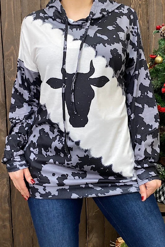 XCH9912 Grey Cow head printed hoodie Hoodie with Front Slit Layering Stylish