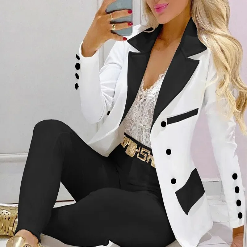 ensemble blazers et pantalons femme 2023 New Fashion Office Lady 2 Pcs Sets Slim Jacket And High Waist Pencil Pants Women Suits Cotton Fabric Linen Fabric Terry Fabric