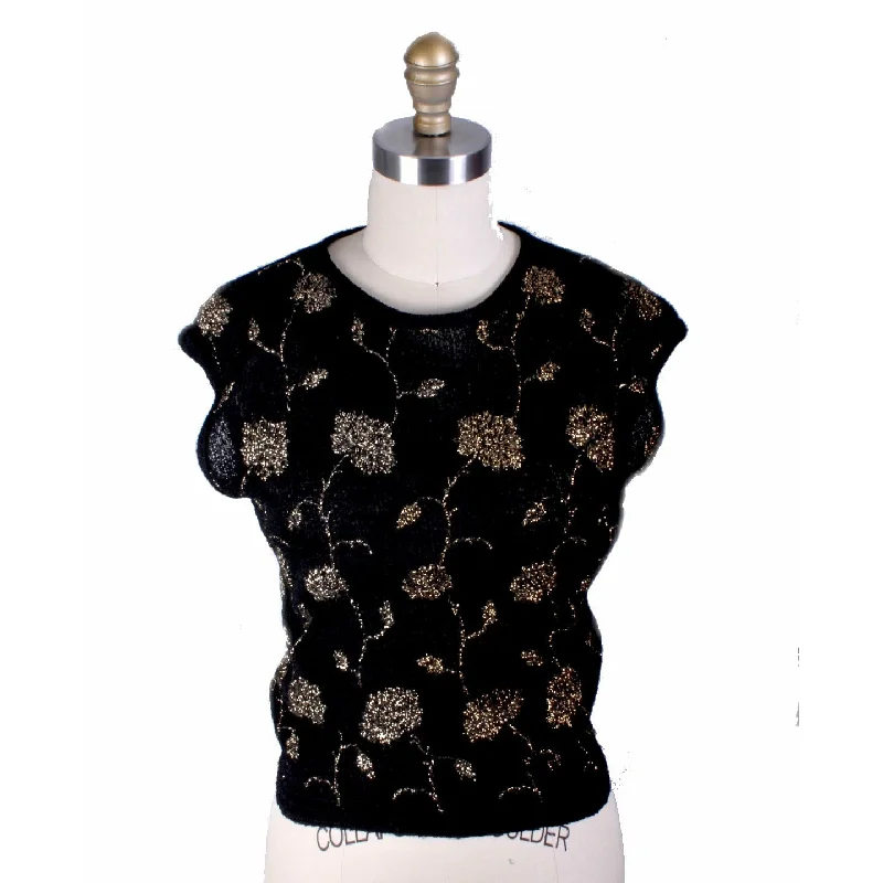 VTG Black/ Gold Floral Metallic Rayon Boucle Shell Tank Knit "Stylebest" Womens S crew neck tank