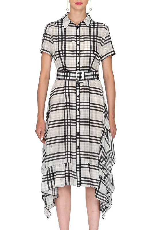 Button Down Plaid Silk Dress with Asymmetrical Hem and Belted waist Tunics Denim casual Button Down Plaid Silk Dress with Asymmetrical Hem and Belted waist Tunics Denim casual