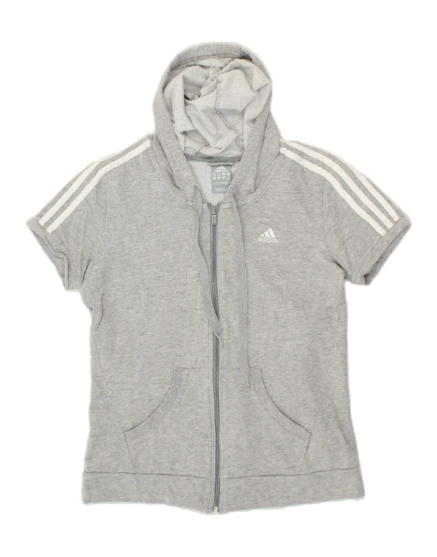 ADIDAS Womens Short Sleeve Zip Hoodie Sweater UK 14 Medium Grey Cotton Lace Blend Ribbed Blend Corduroy Blend