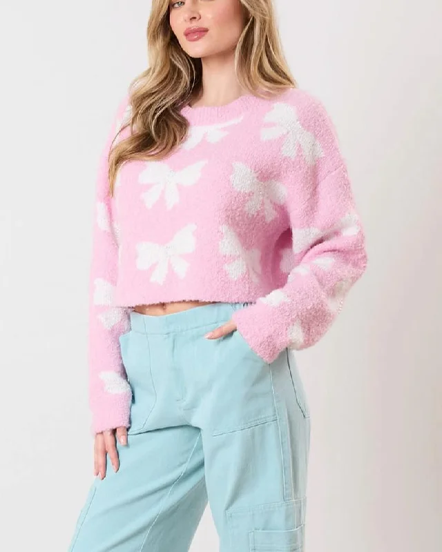 Pink Bow Cropped Sweater Mesh Blend Leather Blend Suede Blend