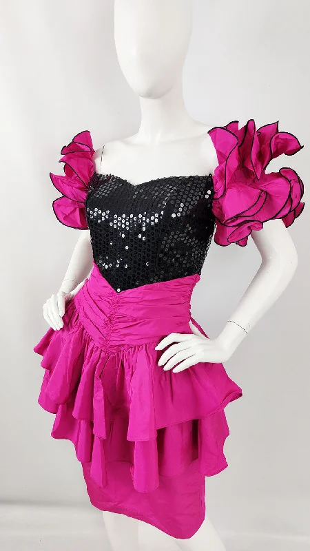 Vintage Magenta Taffeta & Black Sequin 1980s Prom Dress Tunics Wedding white