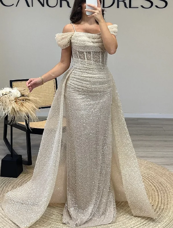 Sheath / Column Prom Dresses Elegant Dress Formal Prom Floor Length Short Sleeve Off Shoulder Sequined with Glitter Ruched Tunics Fleece cozy