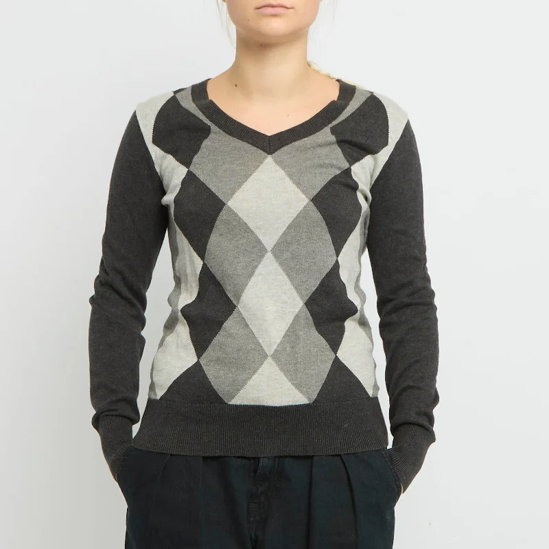 Tommy Hilfiger Argyle Pattern V- Neck Sweater- UK 10 Toggled Drawstring Belted