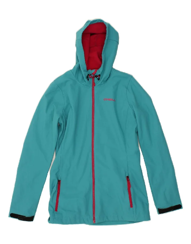 O'NEILL Womens Hooded Rain Jacket UK 12 Medium Blue Polyester Belted Jacket Elasticated Jacket Padded Jacket