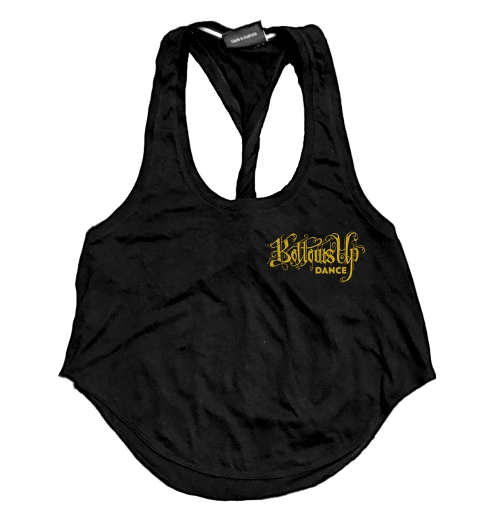 BOTTOMS UP - 'Back Logo' Ladies Twist Back Crop Tank black tank top