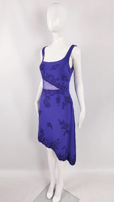 Tadashi Vintage Violet Jersey Sheer Cut Out Mesh Party Dress Tunics Silk luxurious