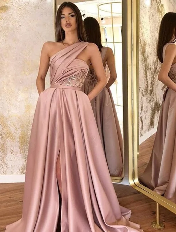 A-Line Evening Gown Celebrity Style Dress Formal Wedding Guest Floor Length Sleeveless One Shoulder Satin with Ruched Slit Tunics Seasonal trendy