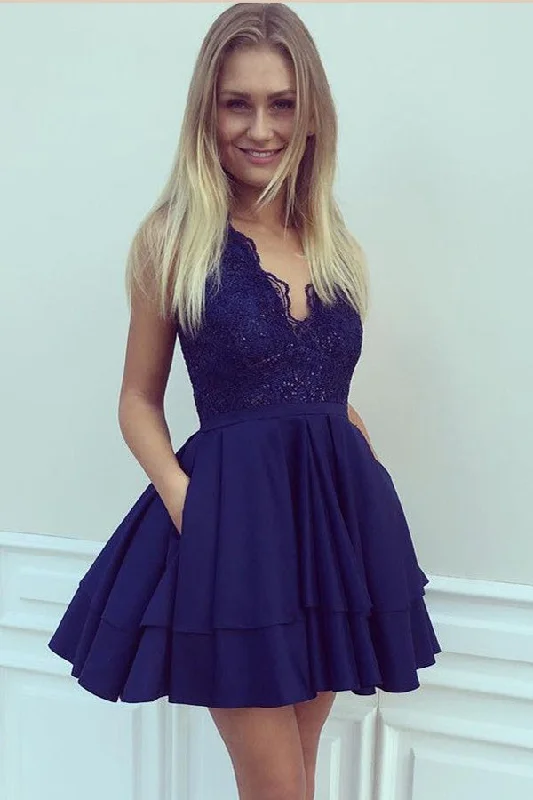 Navy Blue Deep V Neck Sleeveless Appliques Ruffles Short Homecoming Dresses Tunics Canvas sturdy
