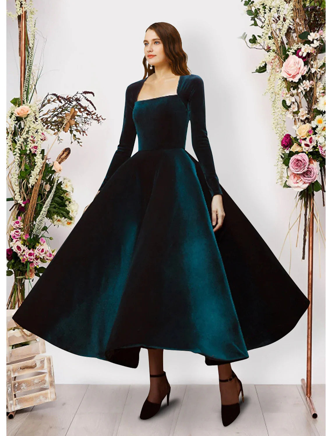 Ball Gown Evening Gown Vintage Dress Prom Formal Evening Ankle Length Long Sleeve Square Neck Velvet with Pure Color Tunics Yoga stretchy