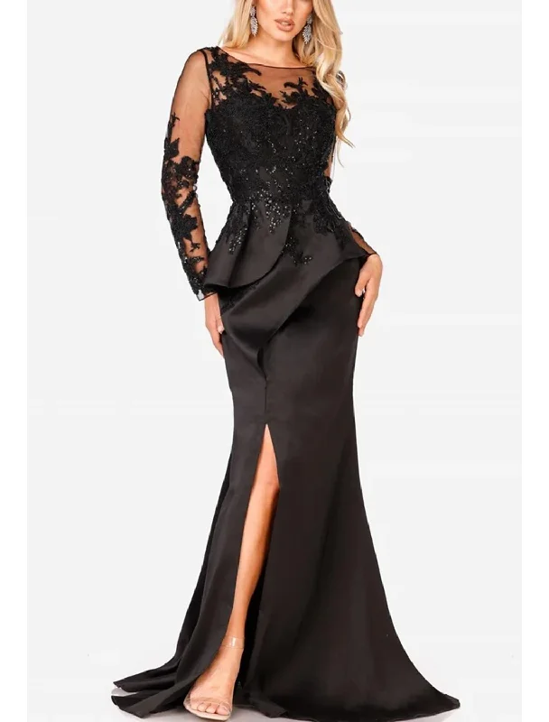 Mermaid / Trumpet Evening Gown Elegant Dress Formal Prom Floor Length Long Sleeve Jewel Neck Satin with Slit Appliques Crew Neckline Casual Mermaid / Trumpet Evening Gown Elegant Dress Formal Prom Floor Length Long Sleeve Jewel Neck Satin with Slit Appliques Crew Neckline Casual