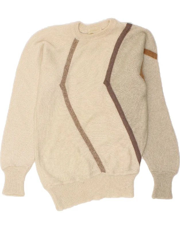 VINTAGE Womens Crew Neck Jumper Sweater UK 12 Medium Beige Colourblock High Neck Crew Neck V-Neck